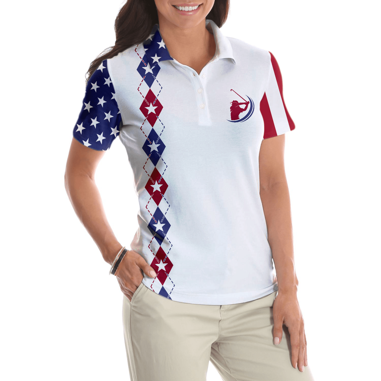 Golf Women Polo Shirt, American Flag Argyle Pattern Women Polo Shirts, Too Old To Work Too Young To Die But Perfect For Golfing - Amzanimalsgift