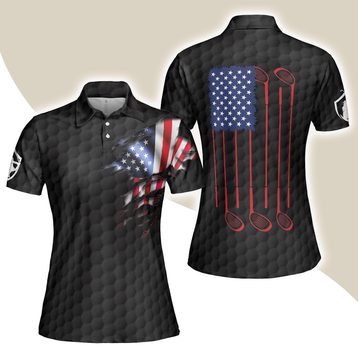 Golf Women Polo Shirt, American Flag Ladies Golf Shirt, Women Golfer Black Polo Shirt - Gift For Golfers, Golfer Lovers - Amzanimalsgift