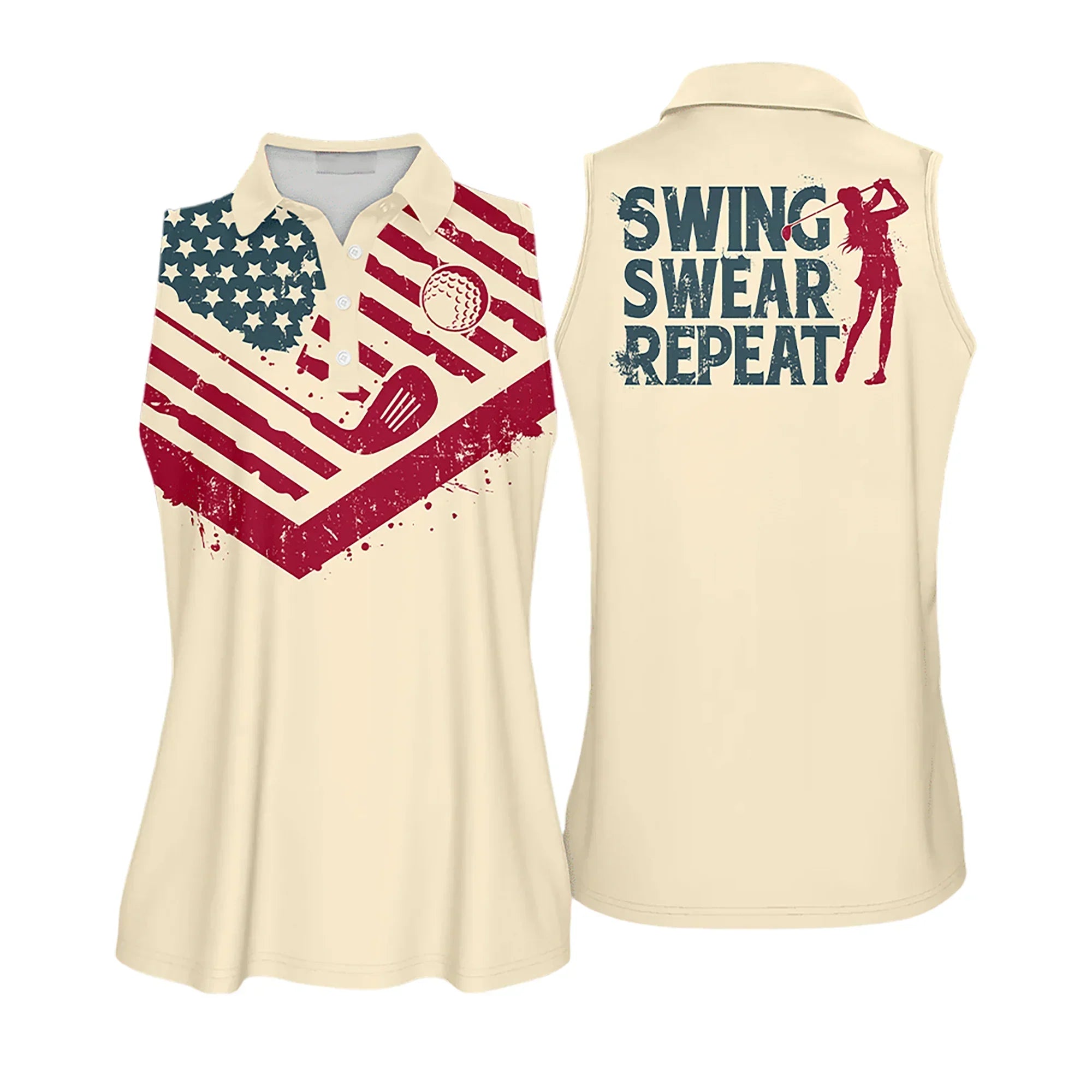 Golf Women Polo Shirt, American Flag Swing Swear Repeat Vintage Background Women Polo Shirt - Gift For Mother's Day, Golfers, Female, Golf Lovers - Amzanimalsgift