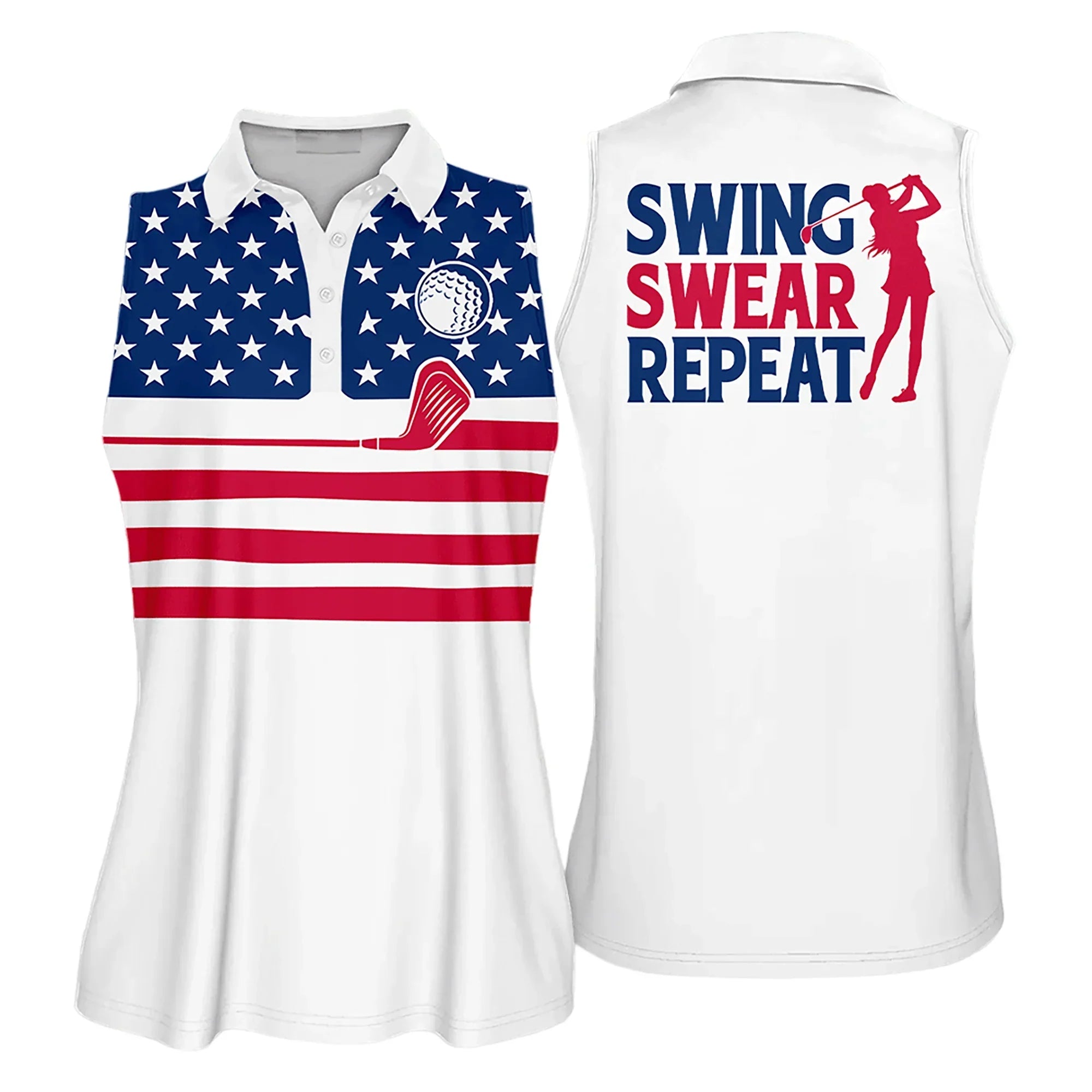 Golf Women Polo Shirt, American Flag Swing Swear Repeat White Background Women Polo Shirt - Gift For Mother's Day, Golfers, Female, Golf Lovers - Amzanimalsgift