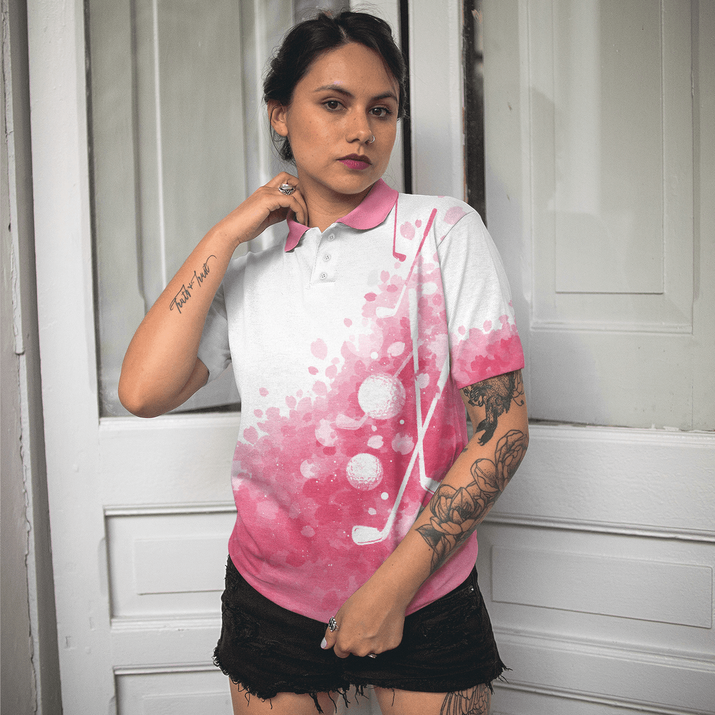 Golf Women Polo Shirt, Artistic Pink And White Golf Shirt For Ladies - Perfect Gift For Golfers, Golf Lovers - Amzanimalsgift
