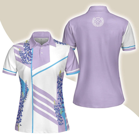 Golf Women Polo Shirt, Bluebonnet With Purple Stripe Golf White And Purple Women Polo Shirts, Unique Female Golf Gift For Ladies, Golf Lovers, Golfers - Amzanimalsgift