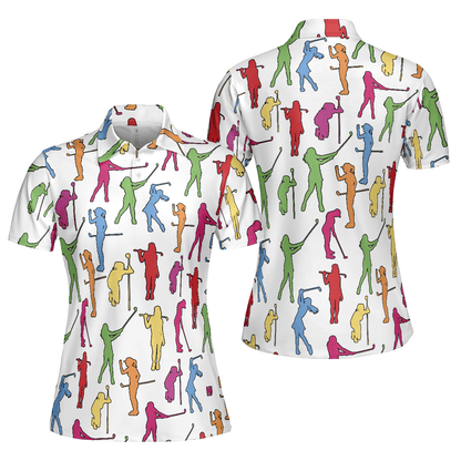 Golf Women Polo Shirt, Colorful Female Golfer White Women Polo Shirts, Gift For Golfers, Golf Lovers, Ladies, Golf Tournament, Golf Coach, Golf Club - Amzanimalsgift