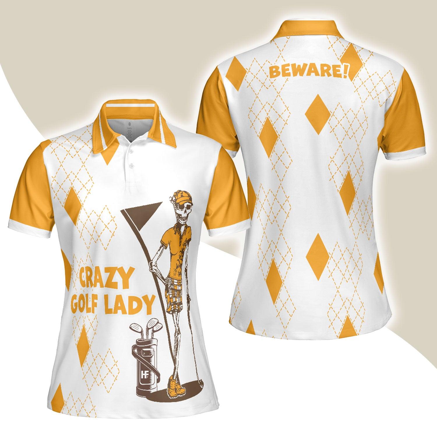 Golf Women Polo Shirt, Crazy Golf Lady Skull, White And Yellow Women Polo Shirts, Funny Golf Gift For Female Golfers, Golf Lovers, Ladies - Amzanimalsgift