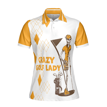 Golf Women Polo Shirt, Crazy Golf Lady Skull, White And Yellow Women Polo Shirts, Funny Golf Gift For Female Golfers, Golf Lovers, Ladies - Amzanimalsgift