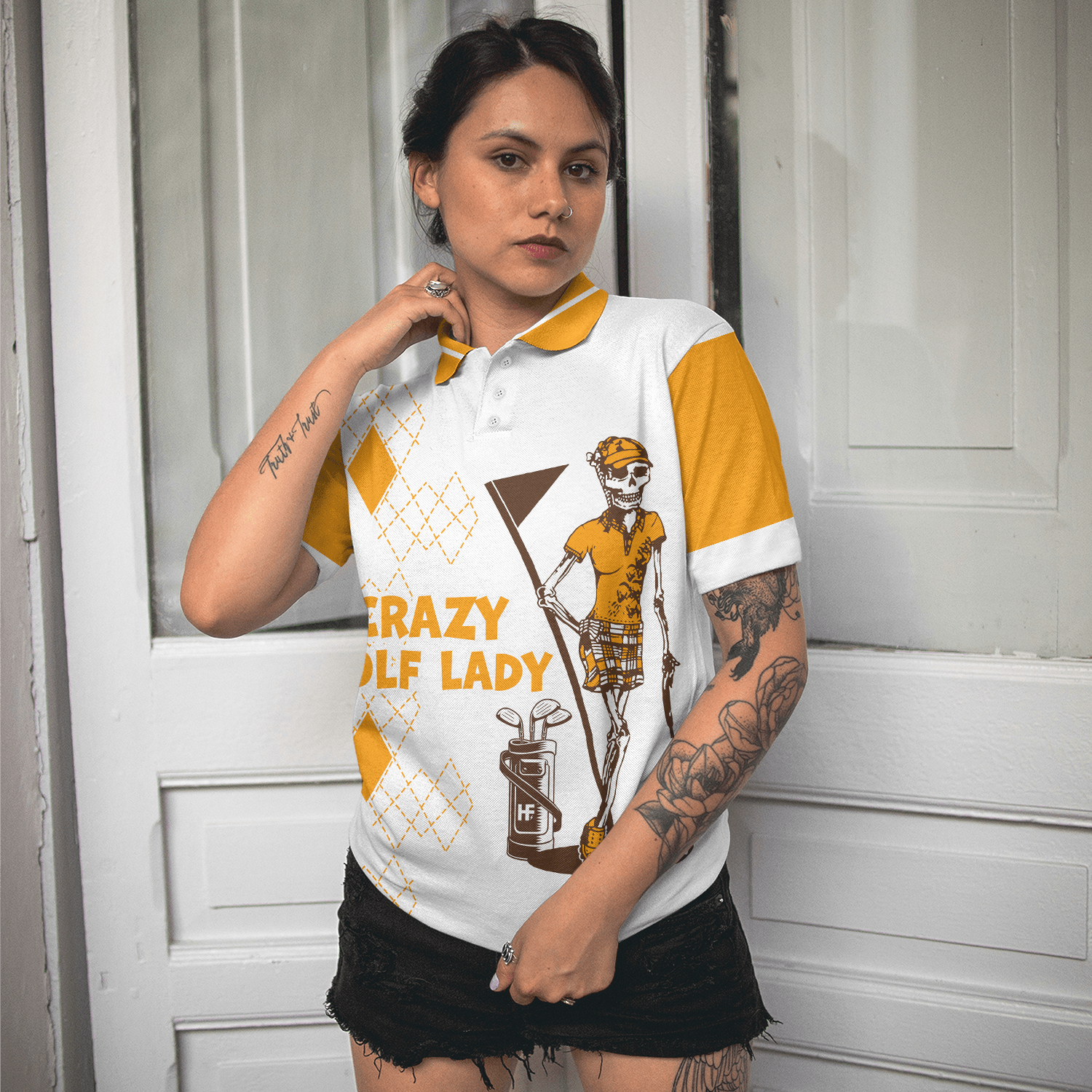 Golf Women Polo Shirt, Crazy Golf Lady Skull, White And Yellow Women Polo Shirts, Funny Golf Gift For Female Golfers, Golf Lovers, Ladies - Amzanimalsgift