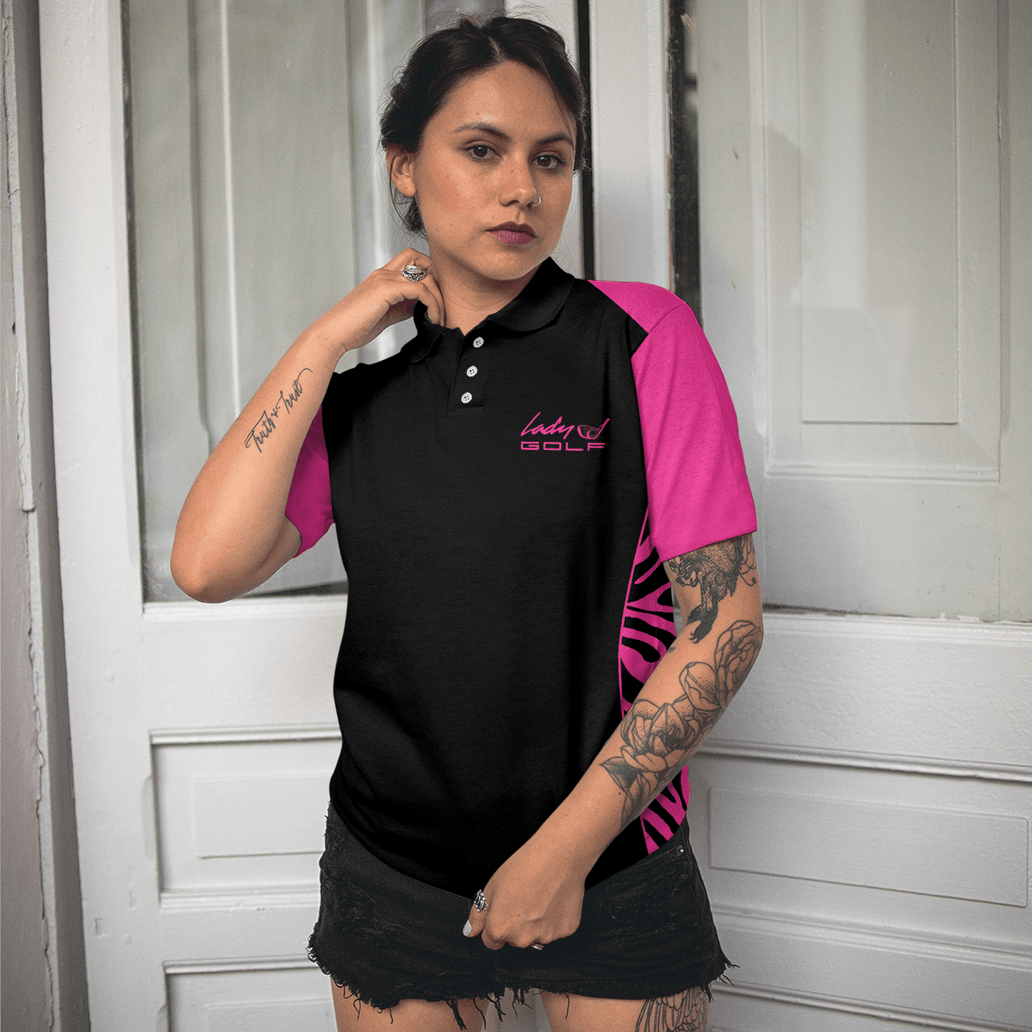 Golf Women Polo Shirt, Dark Pink Zebra Pattern Thinning Layout For Lady Golfer Women Polo Shirts, Best Gift For Golf Lovers, Ladies, Female Golfers - Amzanimalsgift