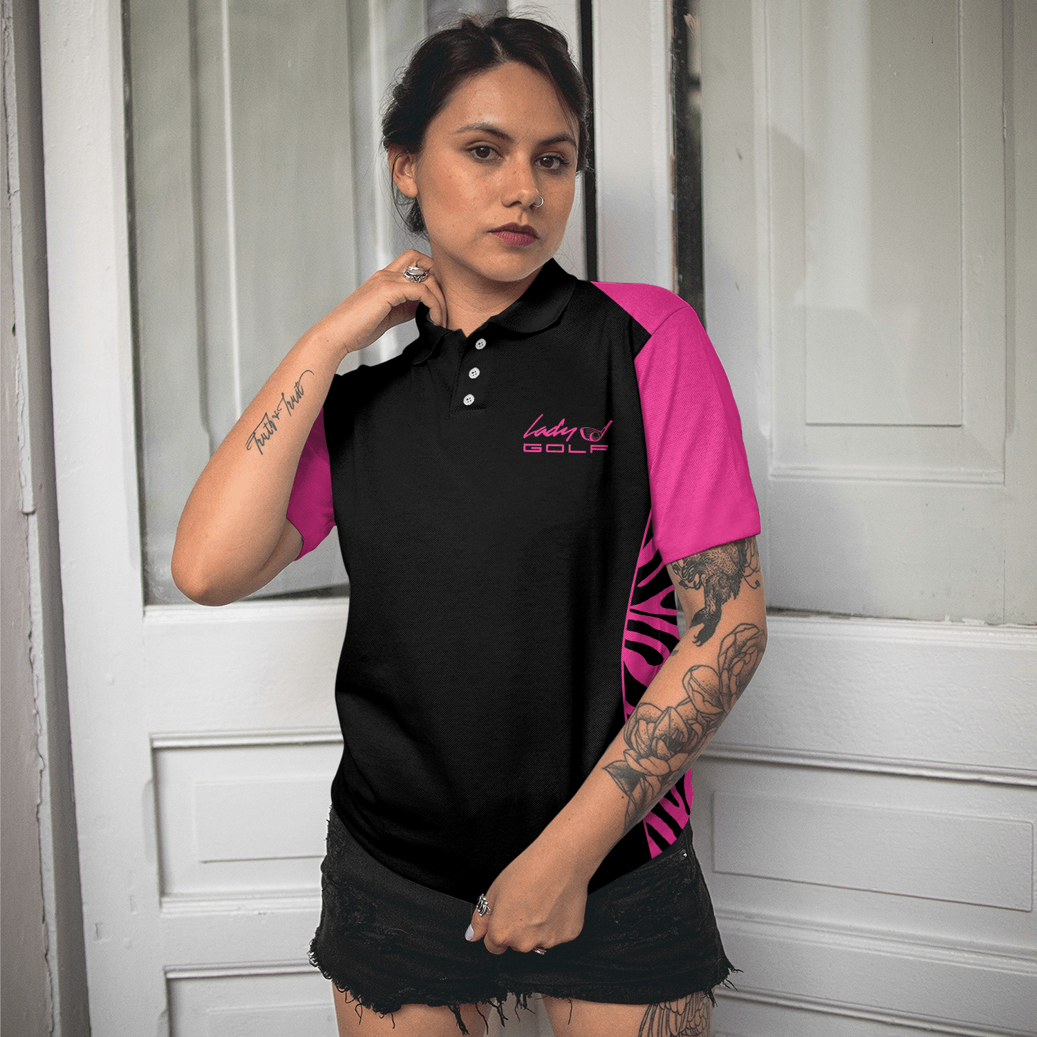 Golf Women Polo Shirt, Dark Pink Zebra Pattern Thinning Layout For Lady Golfer Women Polo Shirts, Best Gift For Golf Lovers, Ladies, Female Golfers - Amzanimalsgift