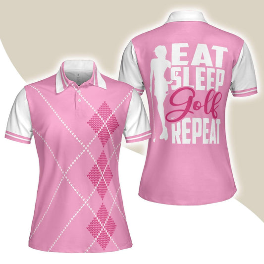 Golf Women Polo Shirt, Eat Sleep Golf Repeat, Pink Argyle Pattern Golf Women Polo Shirts, Golfing Gift For Ladies, Golfers, Golf Sport Lovers - Amzanimalsgift