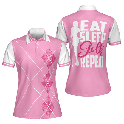 Golf Women Polo Shirt, Eat Sleep Golf Repeat, Pink Argyle Pattern Golf Women Polo Shirts, Golfing Gift For Ladies, Golfers, Golf Sport Lovers - Amzanimalsgift