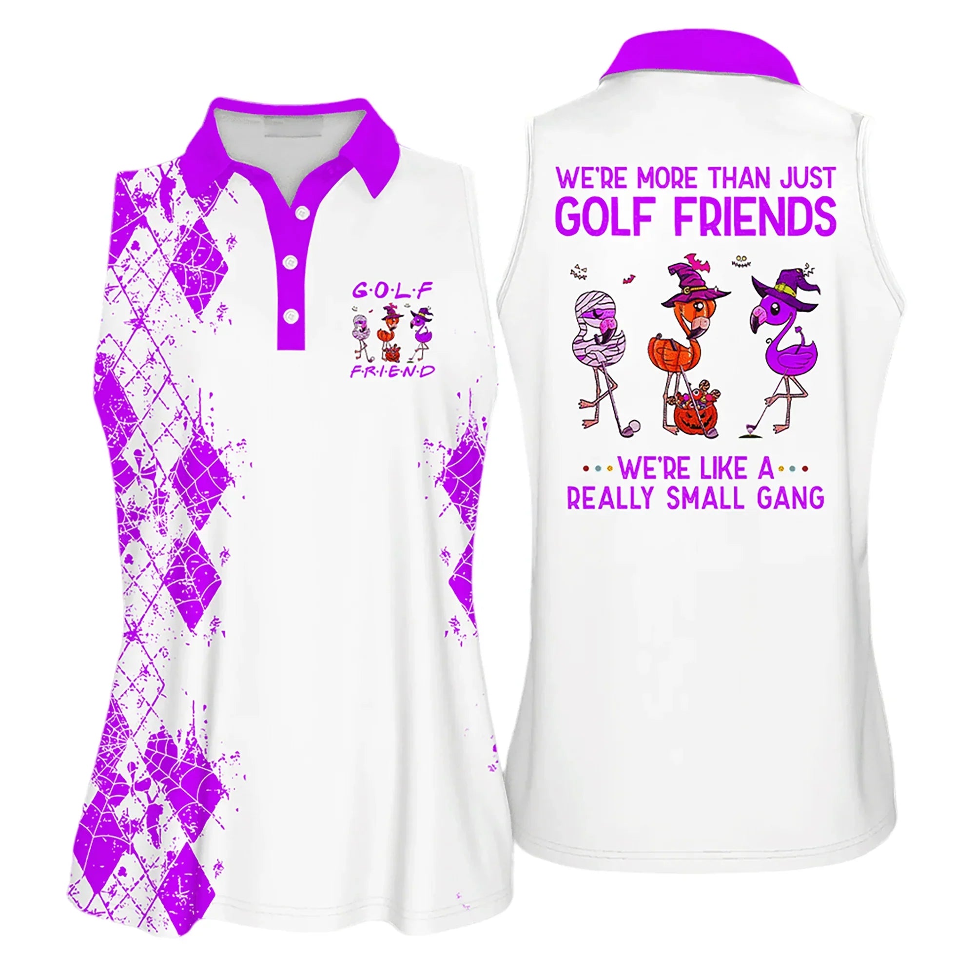 Golf Women Polo Shirt, Funny Flamingo Halloween Golf Friends Purple Argyle Pattern Polo Shirt - Gift For Golfers, Females, Golf Lovers, Mother's Day - Amzanimalsgift