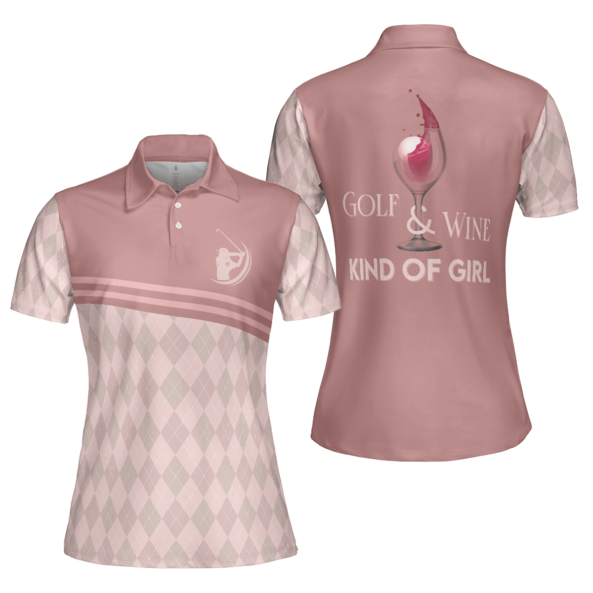 Golf Women Polo Shirt, Golf & Wine Kind Of Girl, Pink Argyle Pattern Women Polo Shirts, Wine Golf Gift For Ladies, Golfers, Golf Sport Lovers - Amzanimalsgift