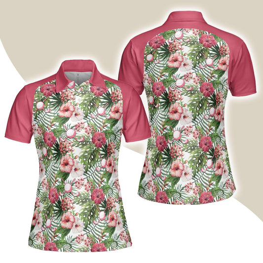 Golf Women Polo Shirt, Golf Ball On Tropical Flowers Pattern Background Women Polo Shirts, Golfing Gift For Ladies, Female Golfers, Golf Lovers - Amzanimalsgift