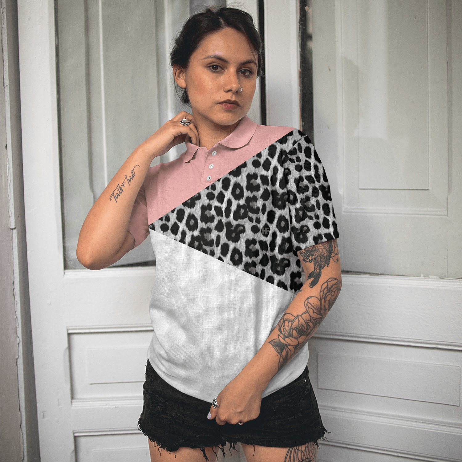 Golf Women Polo Shirt, Golf Ball Texture With Leopard Pattern Golf Women Polo Shirts, Golfing Gift For Ladies, Female Golfers, Golf Lovers - Amzanimalsgift