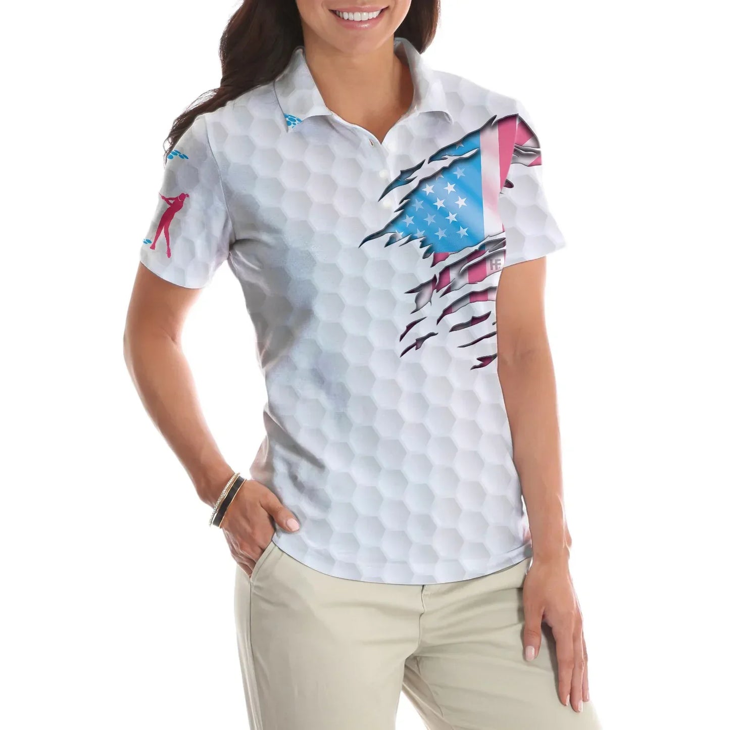 Golf Women Polo Shirt, Golf Balls Pattern American Flag Women Polo Shirts, Golfing Gift For Ladies, Female Golfers - Just A Girl Who Loves Golf - Amzanimalsgift