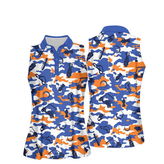 Golf Women Polo Shirt, Golf Camo Pattern Polo Shirt, Blue And Orange And White Golf Set Polo Shirt - Gift For Mother's Day, Golfer, Female, Golf Lover - Amzanimalsgift