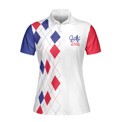 Golf Women Polo Shirt, Golf Diva, Red Blue Argyle Pattern Women Polo Shirts, Best Golf Gift For Female Golfers, Ladies, Golf Lovers - Amzanimalsgift