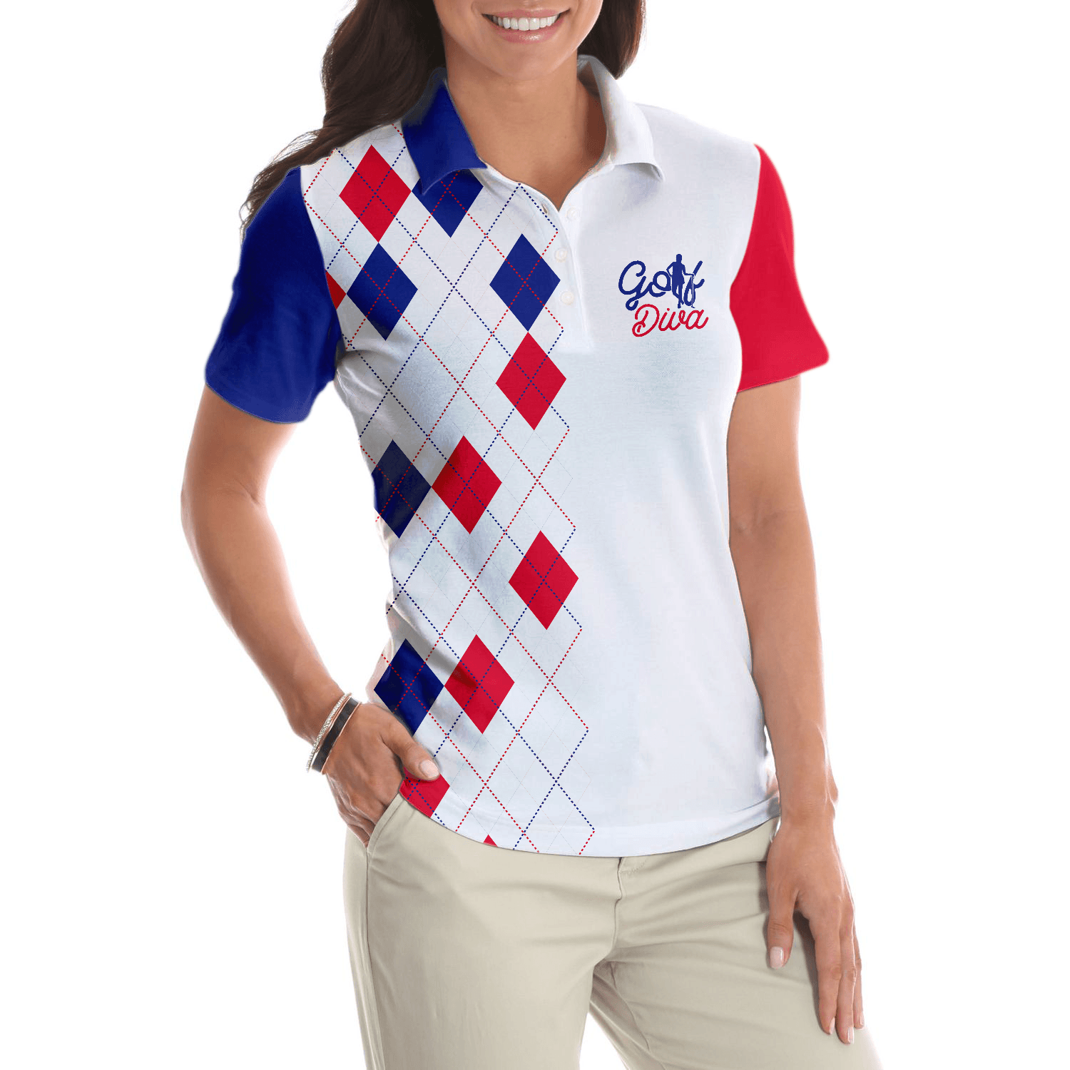 Golf Women Polo Shirt, Golf Diva, Red Blue Argyle Pattern Women Polo Shirts, Best Golf Gift For Female Golfers, Ladies, Golf Lovers - Amzanimalsgift