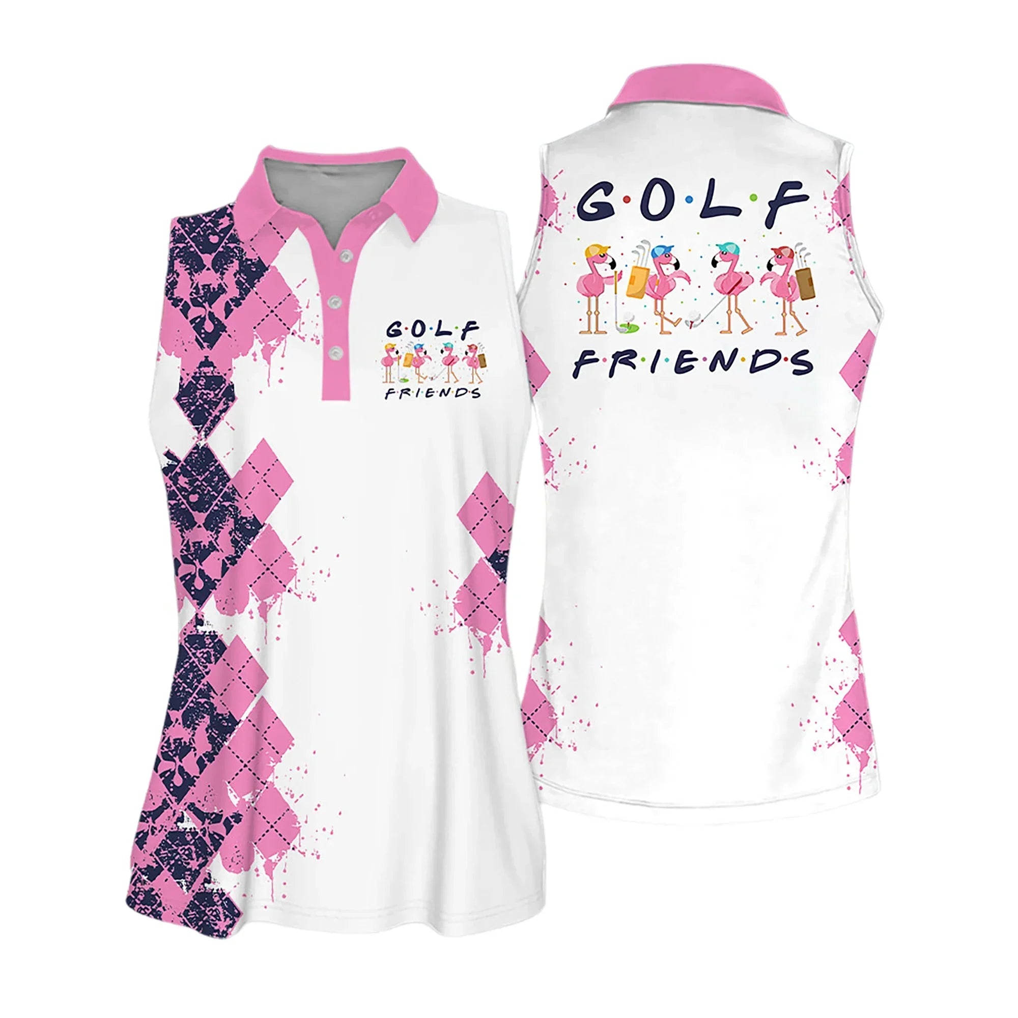 Golf Women Polo Shirt, Golf Friends Flamingo Multicolor, Argyle Pattern Women Polo Shirt - Gift For Mother's Day, Golfers, Female, Golf Lover - Amzanimalsgift