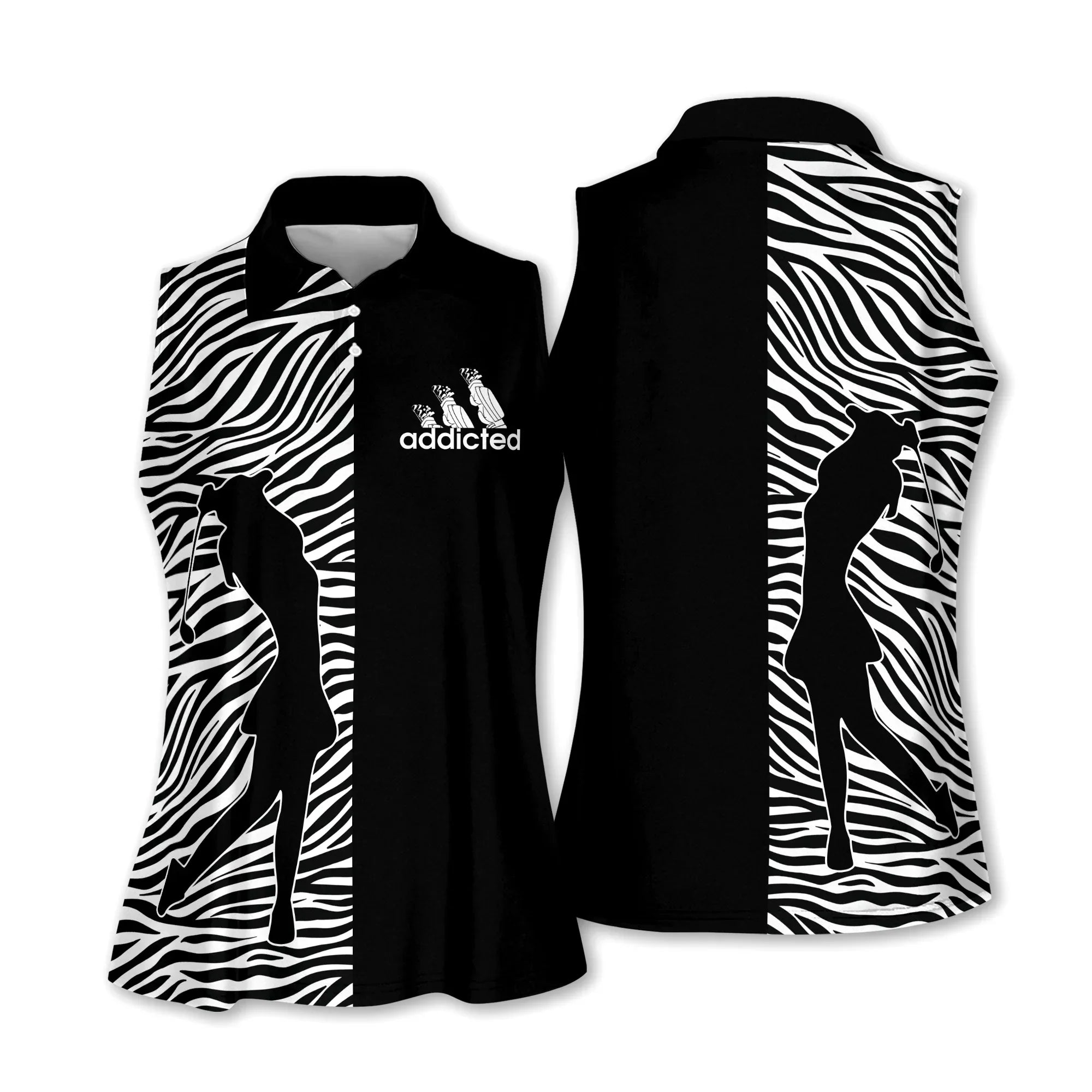 Golf Women Polo Shirt, Golf Girl Zebra Pattern Addicted Black Background Women Polo Shirt - Gift For Mother's Day, Golfers, Female, Golf Lover - Amzanimalsgift
