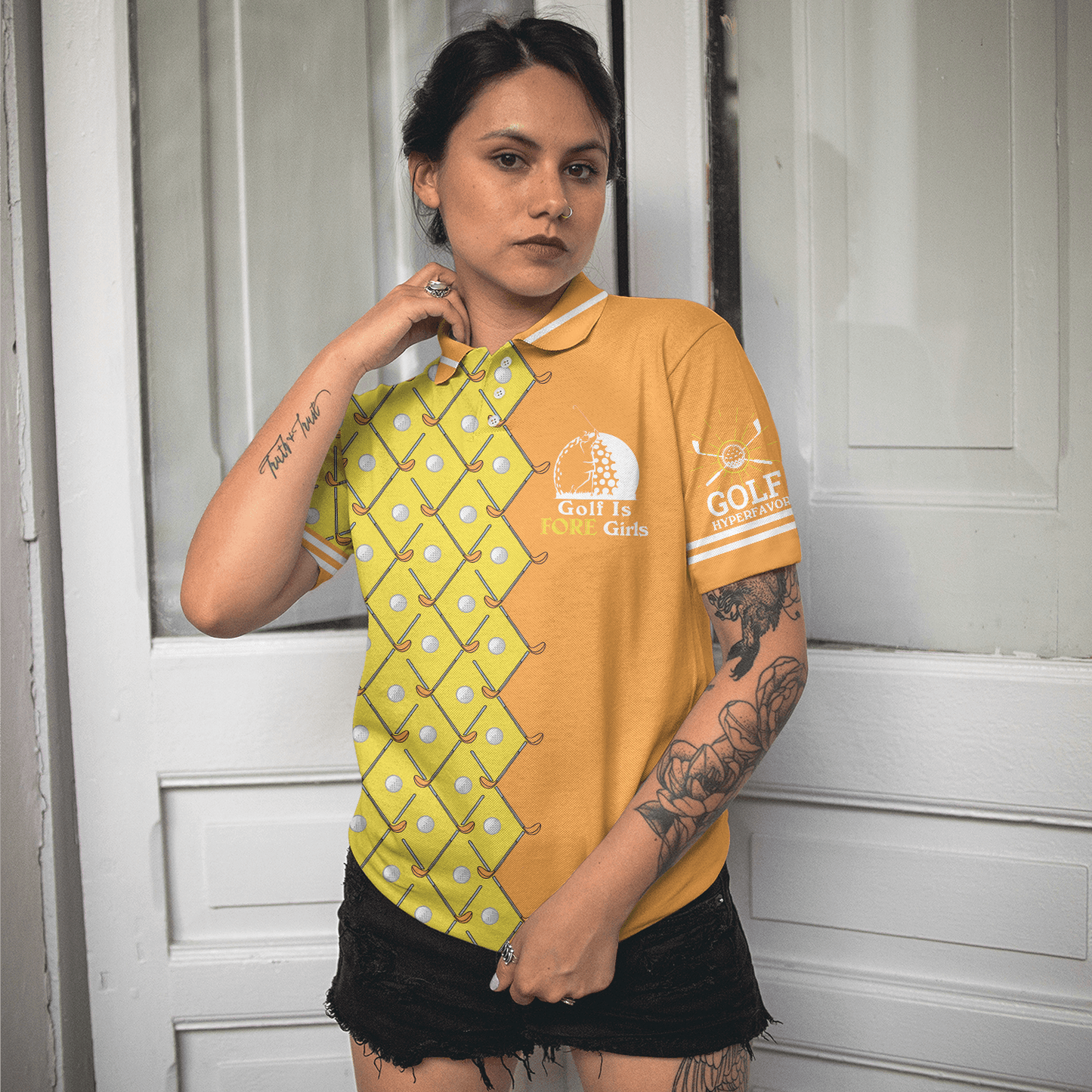 Golf Women Polo Shirt, Golf Is Fore Girls, Yellow Argyle Pattern Women Polo Shirts, Cool Golf Gift For Golfers, Ladies, Golf Lovers - Amzanimalsgift