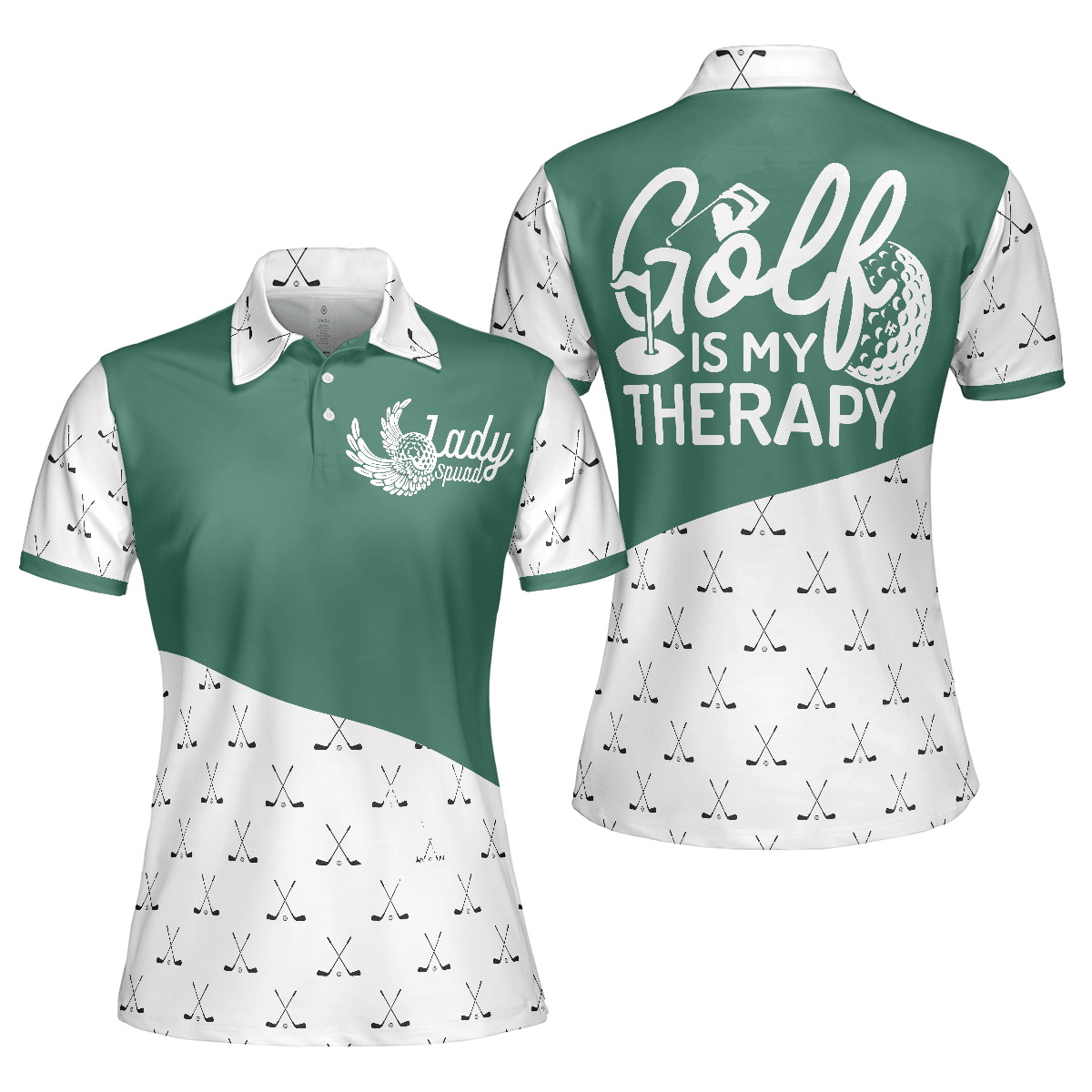 Golf Women Polo Shirt, Golf Is My Therapy, Golf Clubs Pattern Green White Women Polo Shirts, Best Golf Gift For Female Golfers, Ladies, Golf Lovers - Amzanimalsgift