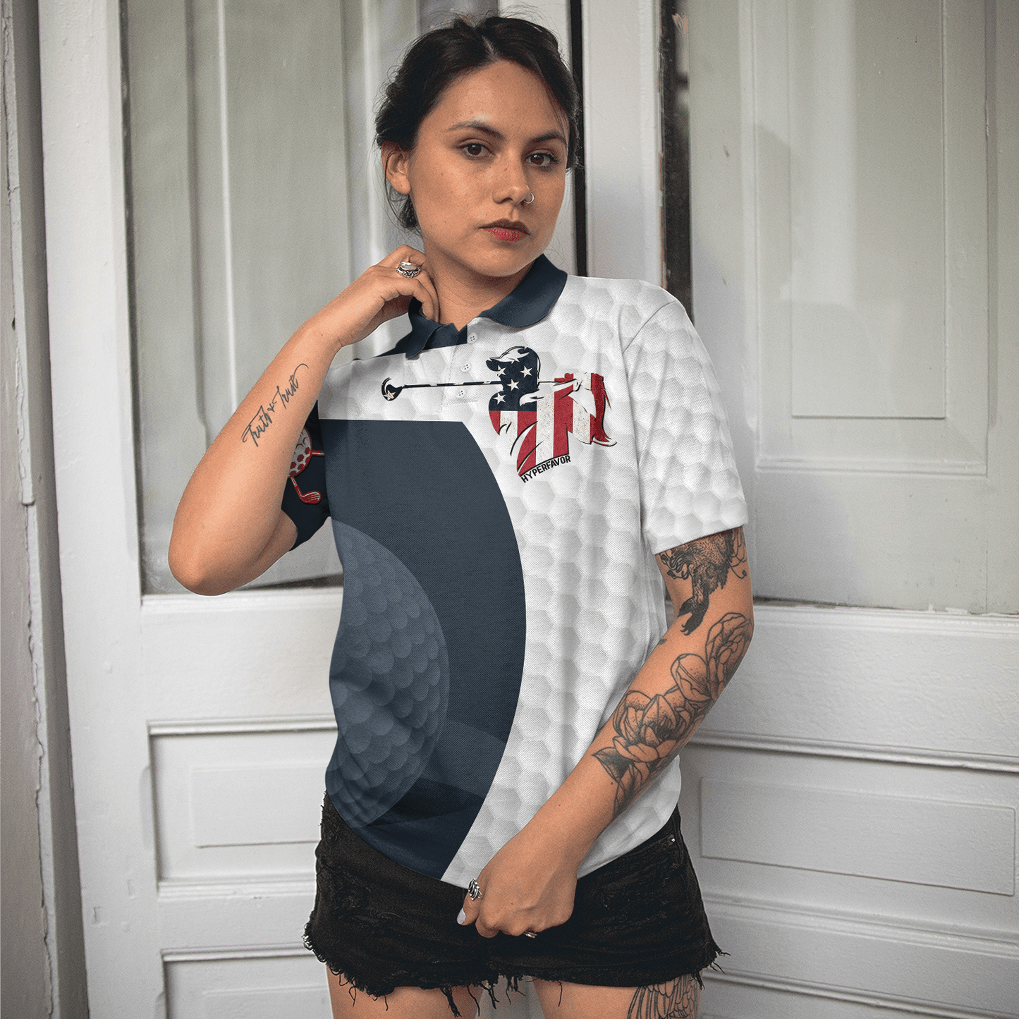 Golf Women Polo Shirt, Golf Swing American Flag, Golf Ball Texture Women Polo Shirts, Best Golfing Gift For Female Golfers, Ladies, Golf Lovers - Amzanimalsgift