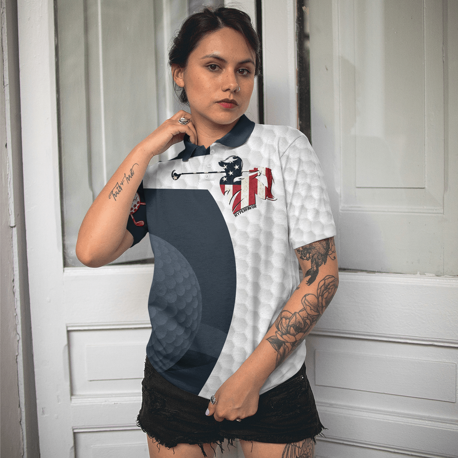 Golf Women Polo Shirt, Golf Swing American Flag, Golf Ball Texture Women Polo Shirts, Best Golfing Gift For Female Golfers, Ladies, Golf Lovers - Amzanimalsgift