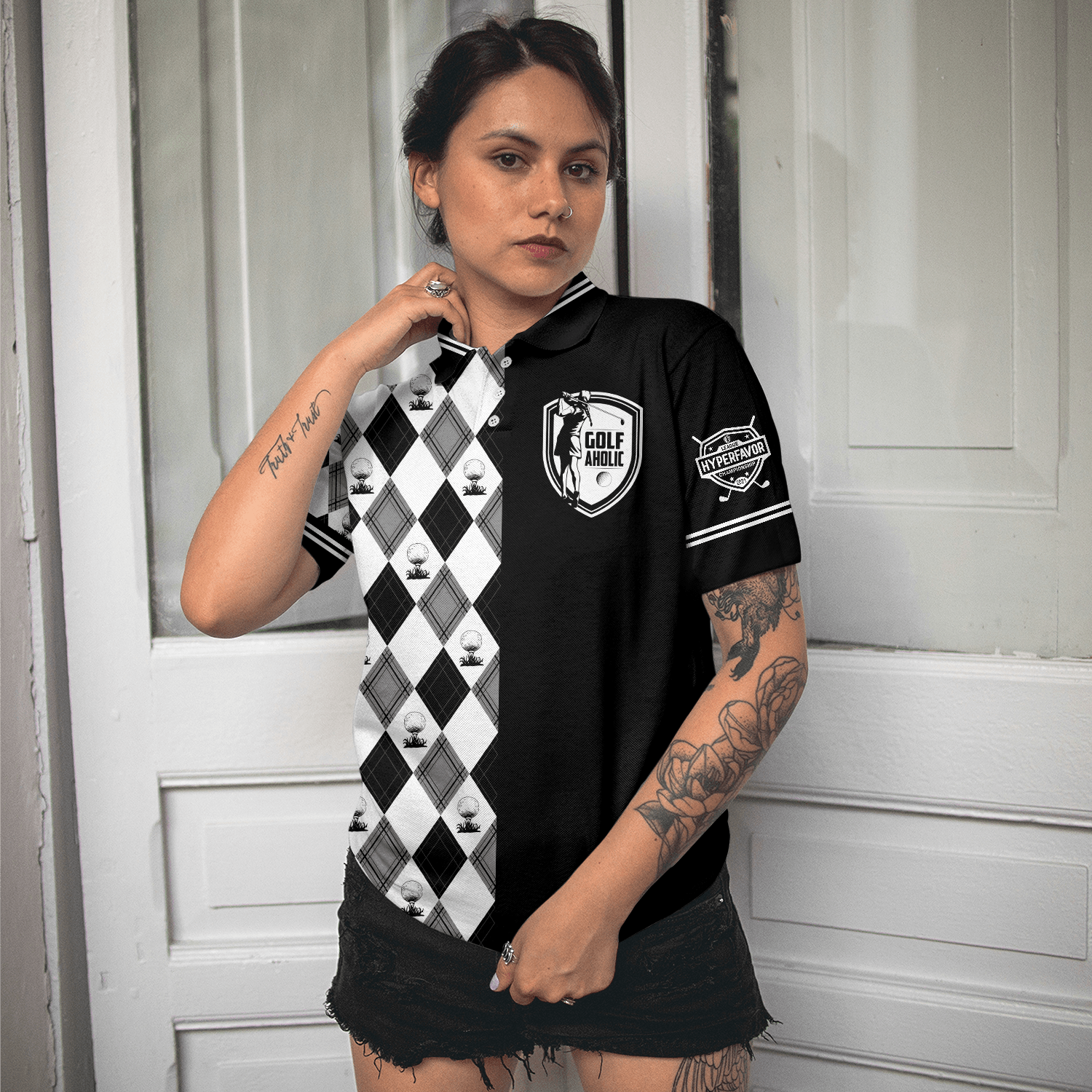 Golf Women Polo Shirt, Golfaholic Black White Checker Pattern Women Polo Shirts, Best Golfing Gift For Female Golfers, Ladies, Golf Lovers - Amzanimalsgift