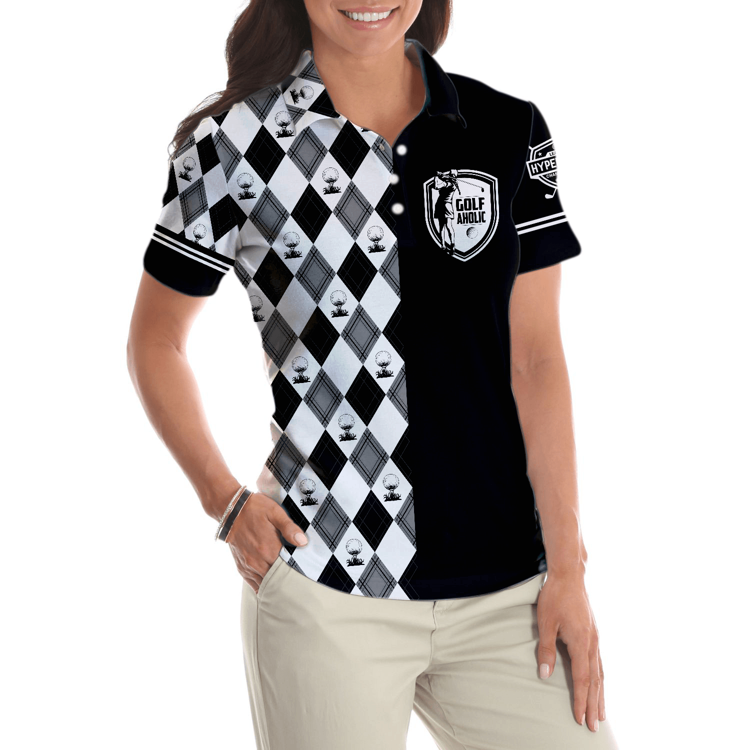 Golf Women Polo Shirt, Golfaholic Black White Checker Pattern Women Polo Shirts, Best Golfing Gift For Female Golfers, Ladies, Golf Lovers - Amzanimalsgift