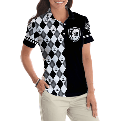Golf Women Polo Shirt, Golfaholic Black White Checker Pattern Women Polo Shirts, Best Golfing Gift For Female Golfers, Ladies, Golf Lovers - Amzanimalsgift