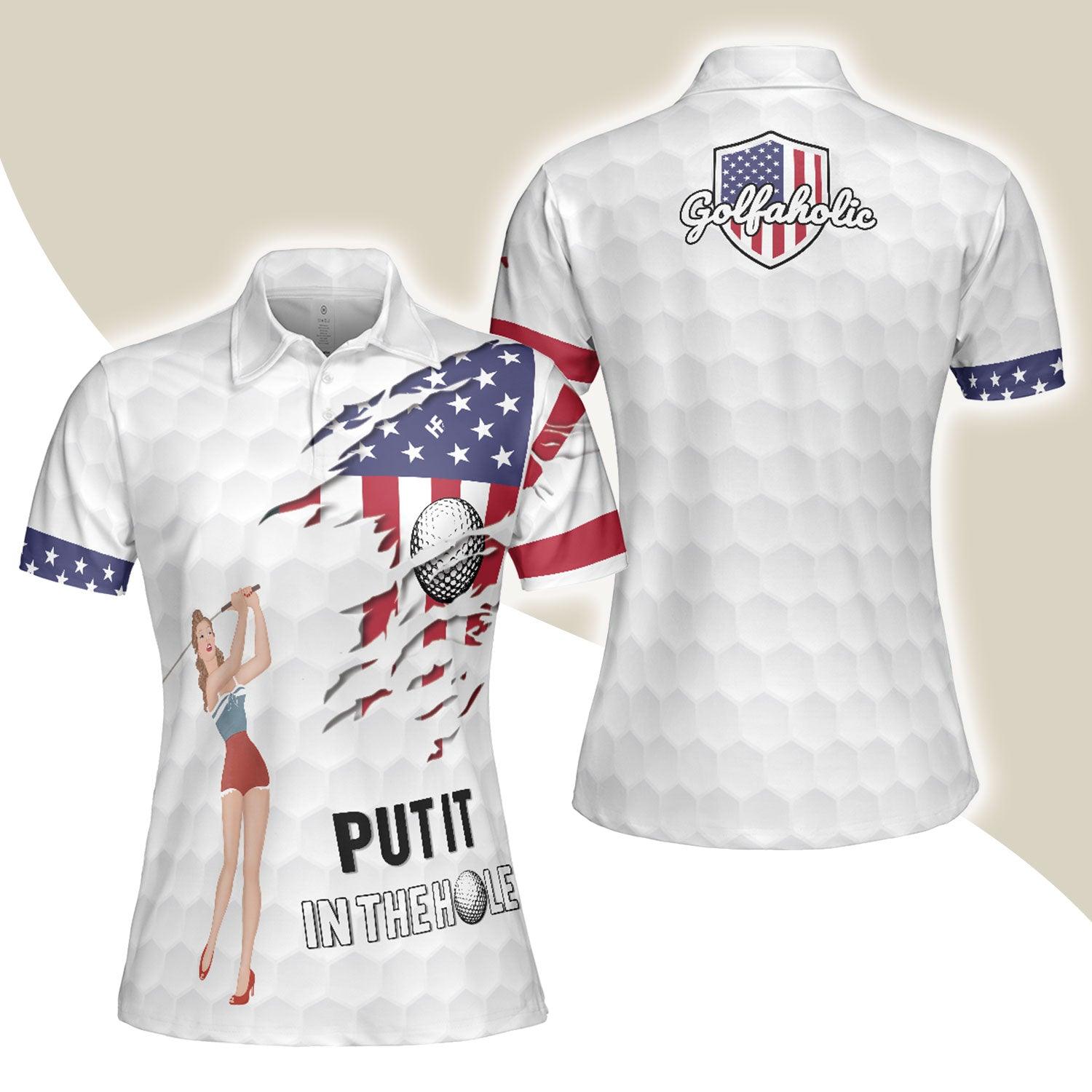Golf Women Polo Shirt, Golfaholic, Golf American Flag Girl, White Golf Ball Pattern Women Polo Shirts, Patriotic Golf Shirt Gift For Golfers, Ladies - Amzanimalsgift