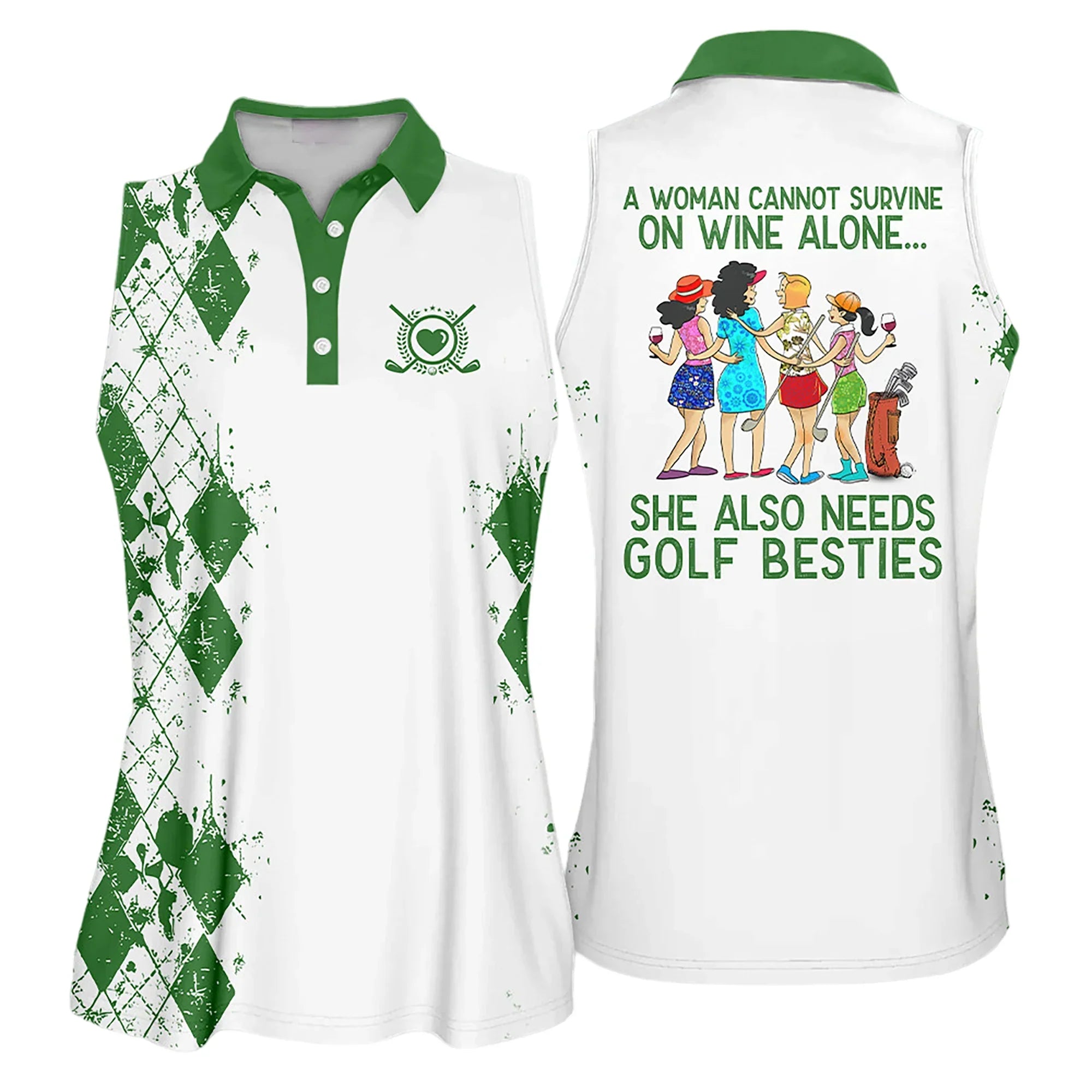 Golf Women Polo Shirt, Green Argyle Pattern She Also Need Golf Besties Women Polo Shirt - Gift For Golfers, Females, Golf Lovers, Mother's Day - Amzanimalsgift