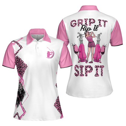 Golf Women Polo Shirt, Grip It Rip It Sip It, Pink Leopard Pattern Golf Women Polo Shirts, Unique Golf Gift For Ladies, Golfers, Golf Sport Lovers - Amzanimalsgift