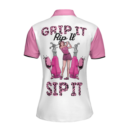 Golf Women Polo Shirt, Grip It Rip It Sip It, Pink Leopard Pattern Golf Women Polo Shirts, Unique Golf Gift For Ladies, Golfers, Golf Sport Lovers - Amzanimalsgift
