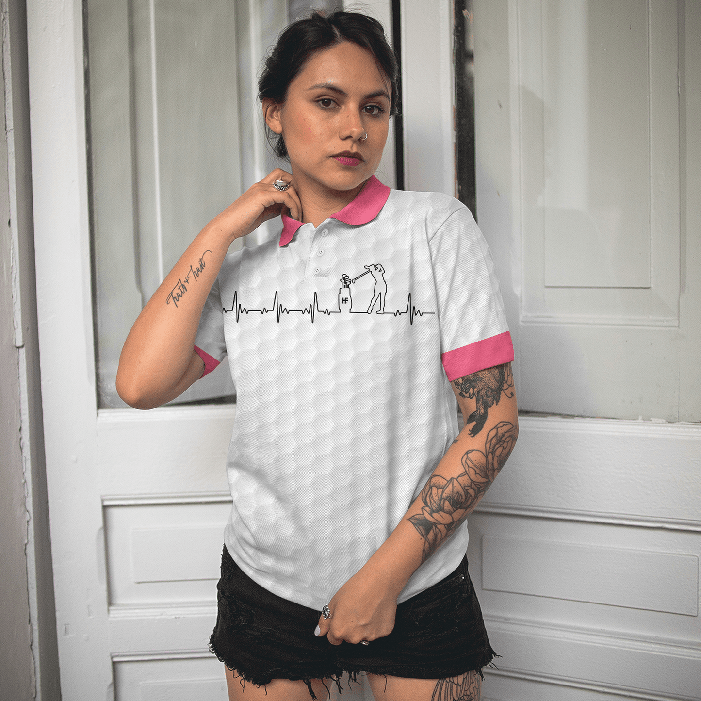 Golf Women Polo Shirt, Heartbeat Golfer White And Pink Golf Women Polo Shirts, Best Cool Gift For Golfers, Golf Lovers, Ladies - Amzanimalsgift