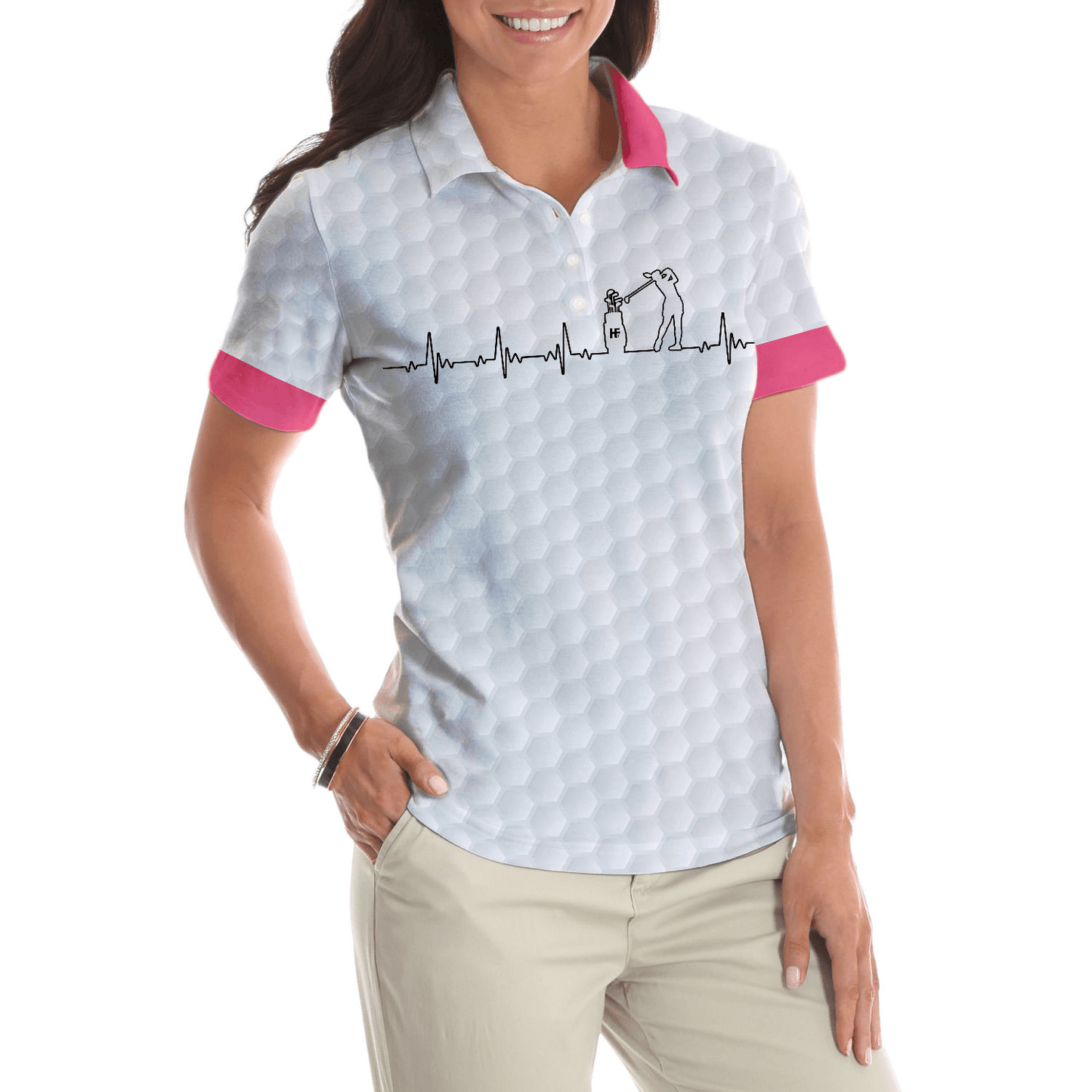 Golf Women Polo Shirt, Heartbeat Golfer White And Pink Golf Women Polo Shirts, Best Cool Gift For Golfers, Golf Lovers, Ladies - Amzanimalsgift