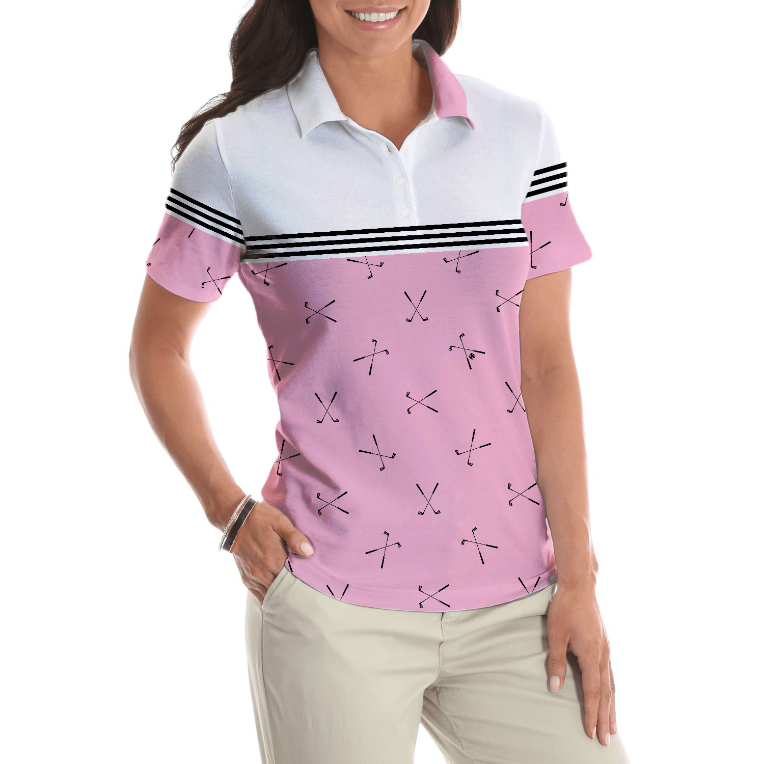 Golf Women Polo Shirt, Hole In One, Pink Golfing, Golf Clubs Repeat Pattern Women Polo Shirts, Best Female Gift For Golf Lovers, Ladies, Golfers - Amzanimalsgift