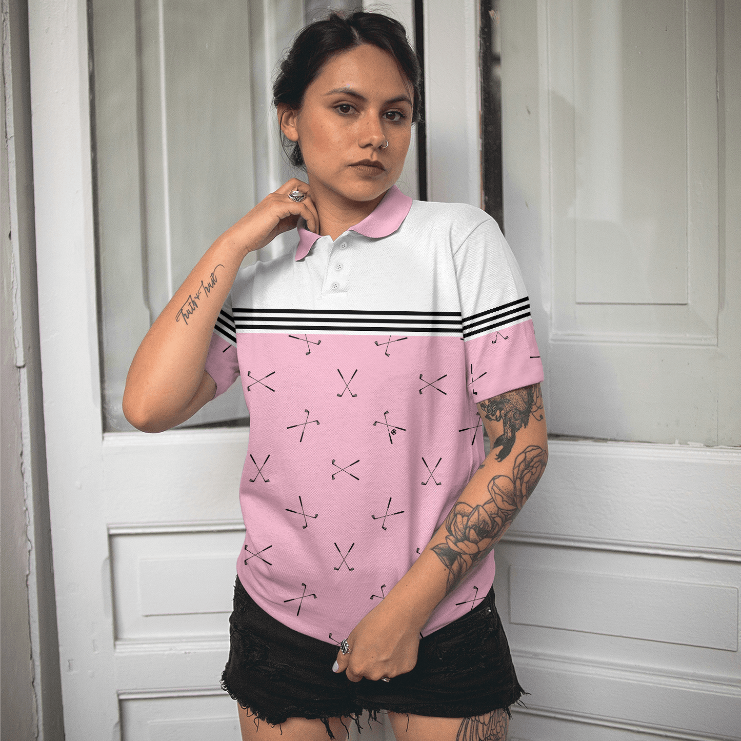 Golf Women Polo Shirt, Hole In One, Pink Golfing, Golf Clubs Repeat Pattern Women Polo Shirts, Best Female Gift For Golf Lovers, Ladies, Golfers - Amzanimalsgift