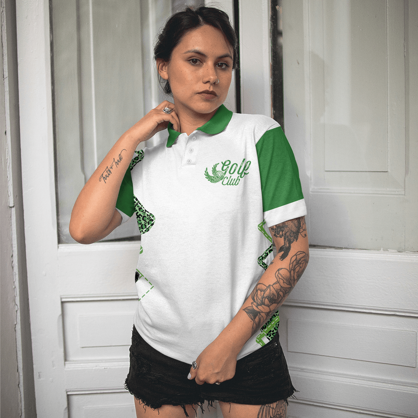 Golf Women Polo Shirt, I Canceled My Golf Game To Be Here, Leopard Pattern White Green Women Polo Shirts, Gift For Ladies, Female Golfers, Golf Lovers - Amzanimalsgift