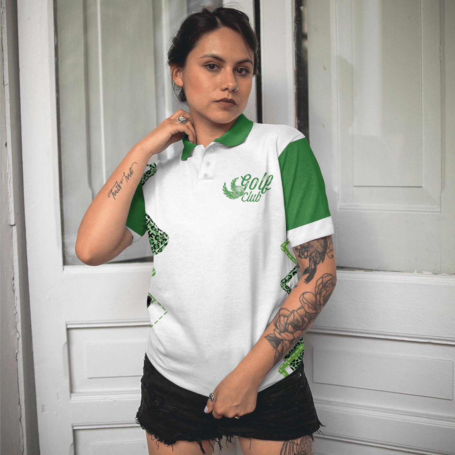 Golf Women Polo Shirt, I Canceled My Golf Game To Be Here, Leopard Pattern White Green Women Polo Shirts, Gift For Ladies, Female Golfers, Golf Lovers - Amzanimalsgift
