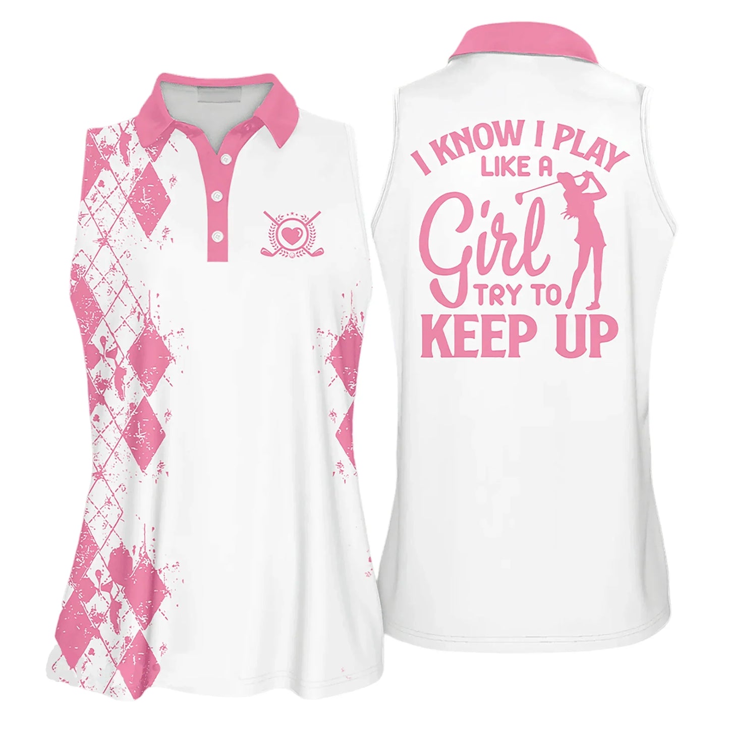 Golf Women Polo Shirt, I Know I Play Like A Girl Try to Keep Up Argyle Multicolor Polo Shirt - Gift For Golfers, Females, Golf Lovers, Mother's Day - Amzanimalsgift