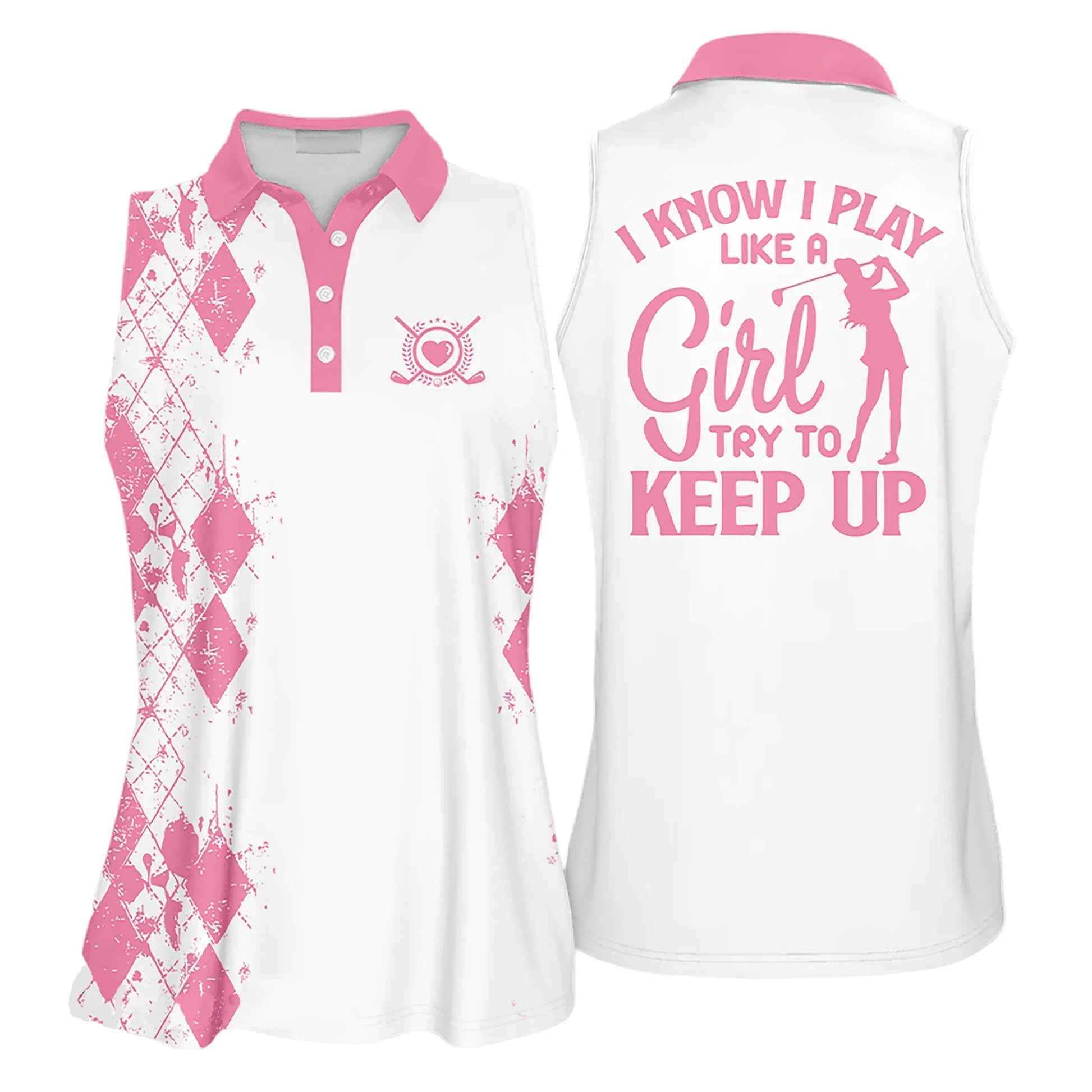 Golf Women Polo Shirt, I Know I Play Like A Girl Try to Keep Up Argyle Multicolor Polo Shirt - Gift For Golfers, Females, Golf Lovers, Mother's Day - Amzanimalsgift