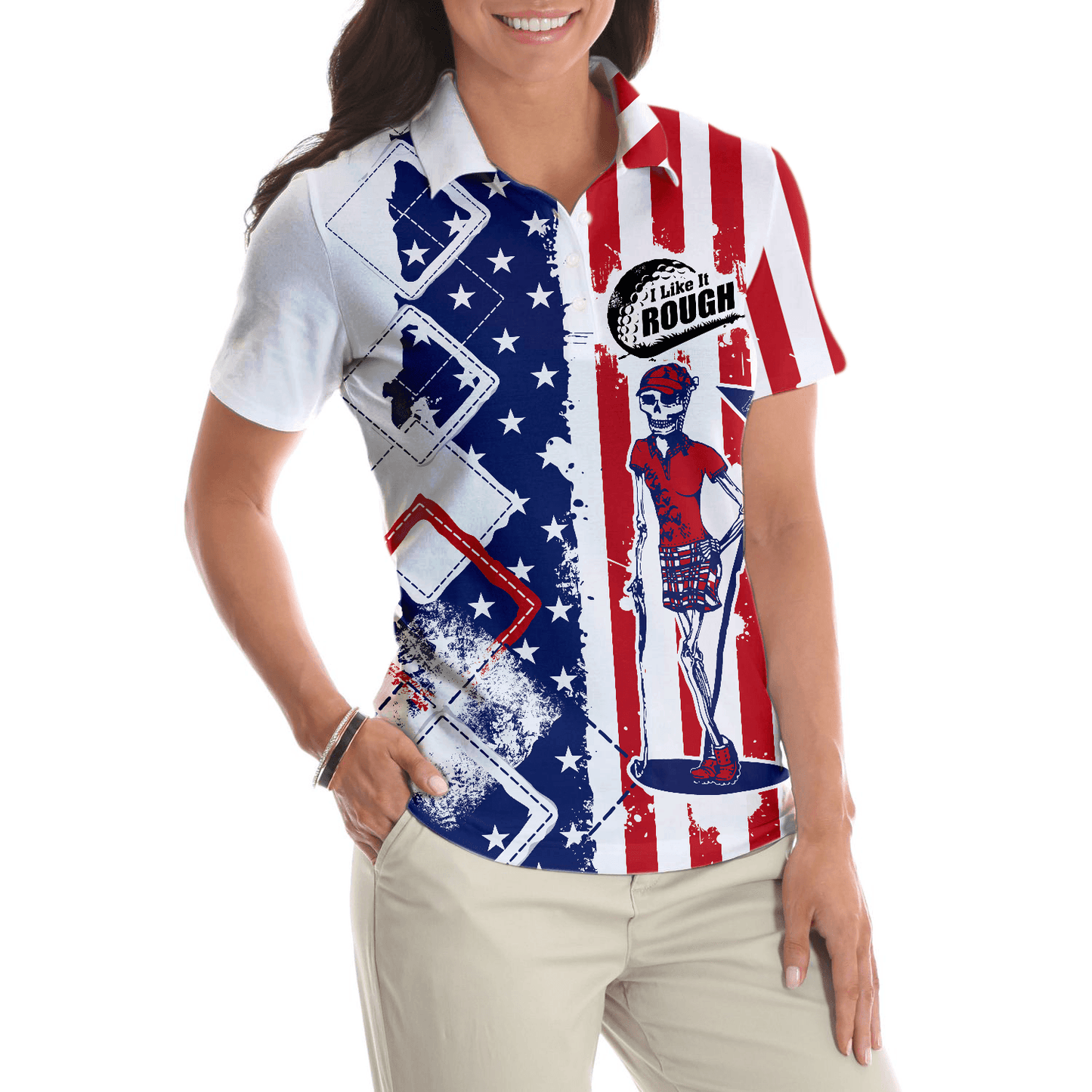Golf Women Polo Shirt, I Like It Rough, Cool American Flag Argyle Pattern Women Polo Shirts, Best Golfing Gift For Ladies, Female Golfers, Golf Lovers - Amzanimalsgift