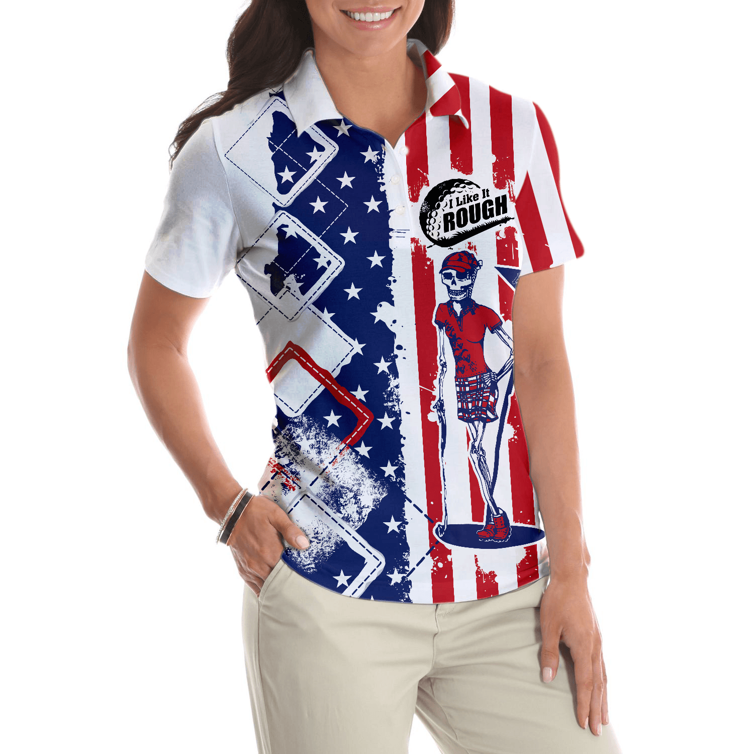 Golf Women Polo Shirt, I Like It Rough, Cool American Flag Argyle Pattern Women Polo Shirts, Best Golfing Gift For Ladies, Female Golfers, Golf Lovers - Amzanimalsgift