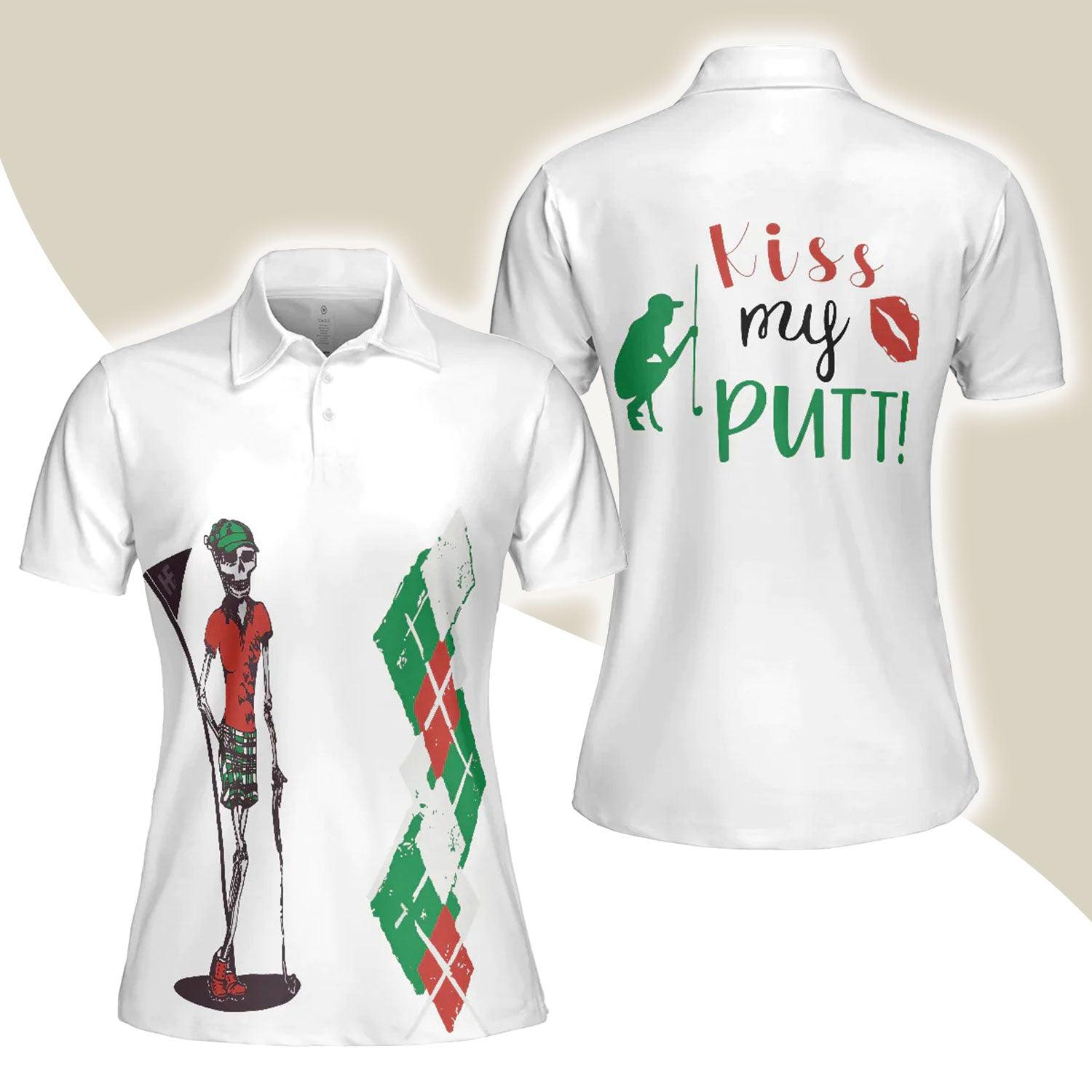 Golf Women Polo Shirt - Kiss My Putt, Red Green Argyle Pattern Skeleton Women Polo Shirts - Best Gift For Ladies, Female, Girls, Golfers, Golf Lovers - Amzanimalsgift