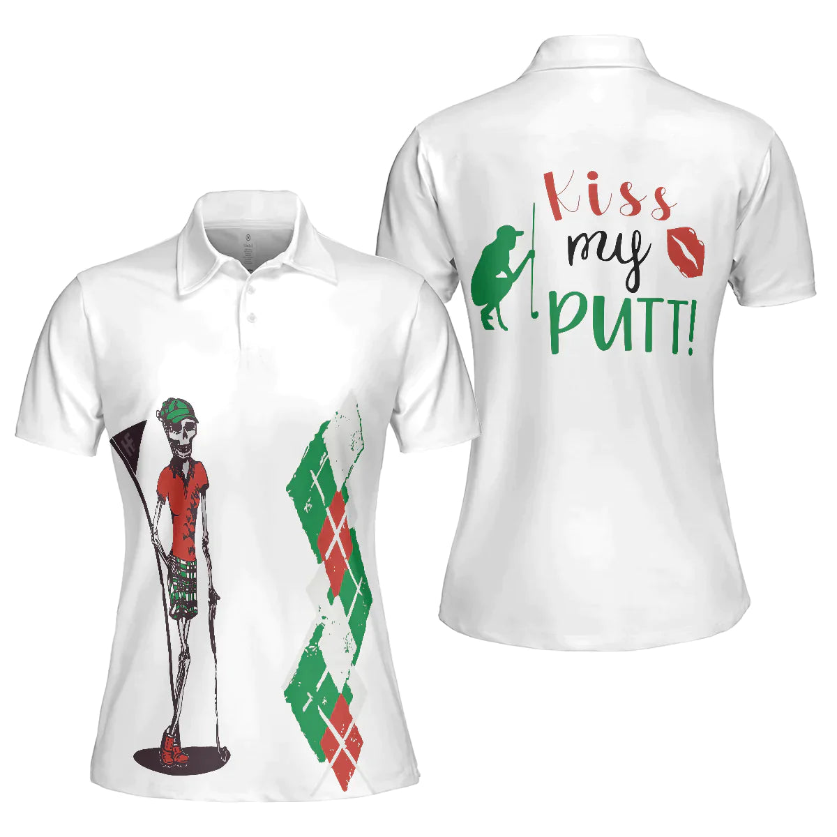 Golf Women Polo Shirt - Kiss My Putt, Red Green Argyle Pattern Skeleton Women Polo Shirts - Best Gift For Ladies, Female, Girls, Golfers, Golf Lovers - Amzanimalsgift