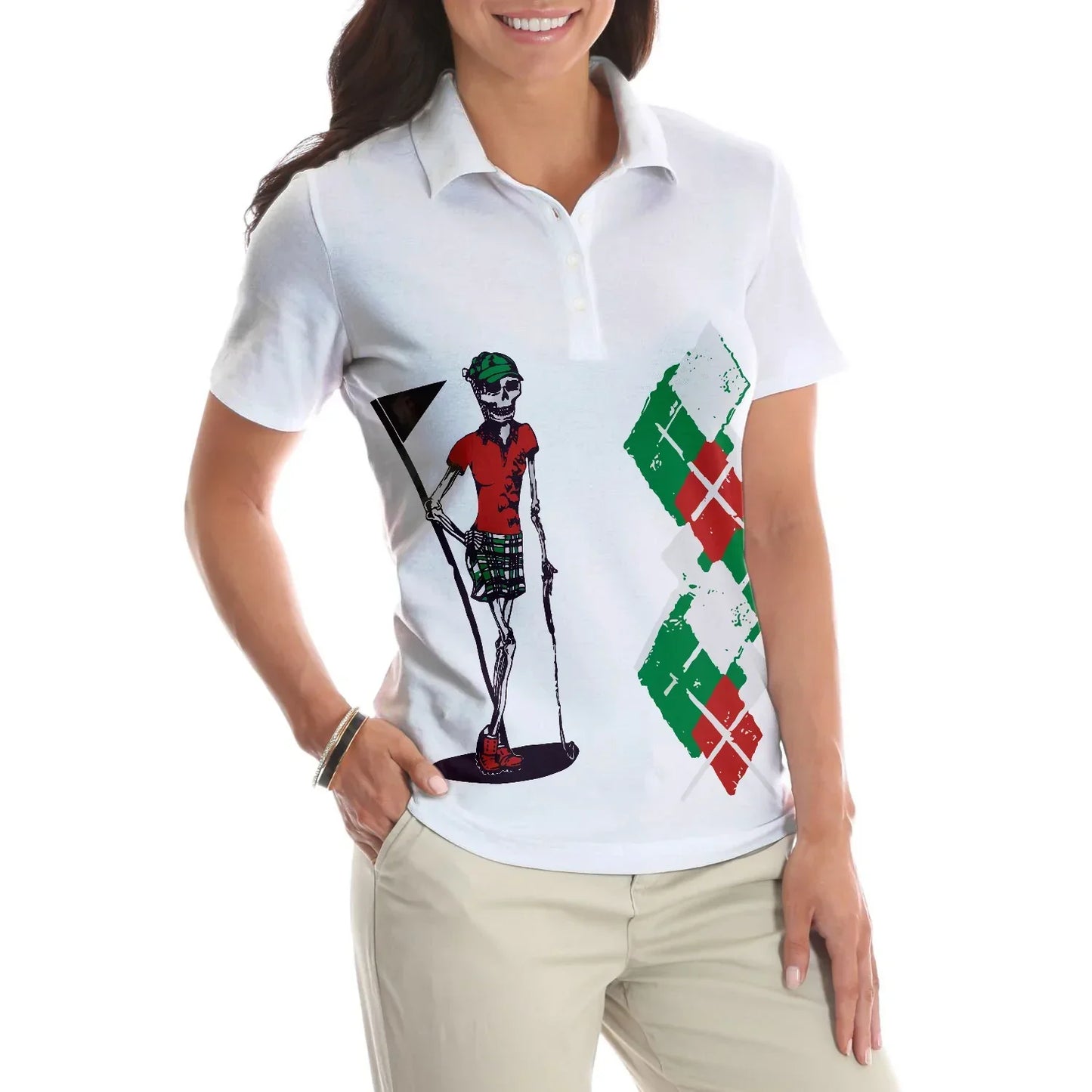 Golf Women Polo Shirt - Kiss My Putt, Red Green Argyle Pattern Skeleton Women Polo Shirts - Best Gift For Ladies, Female, Girls, Golfers, Golf Lovers - Amzanimalsgift