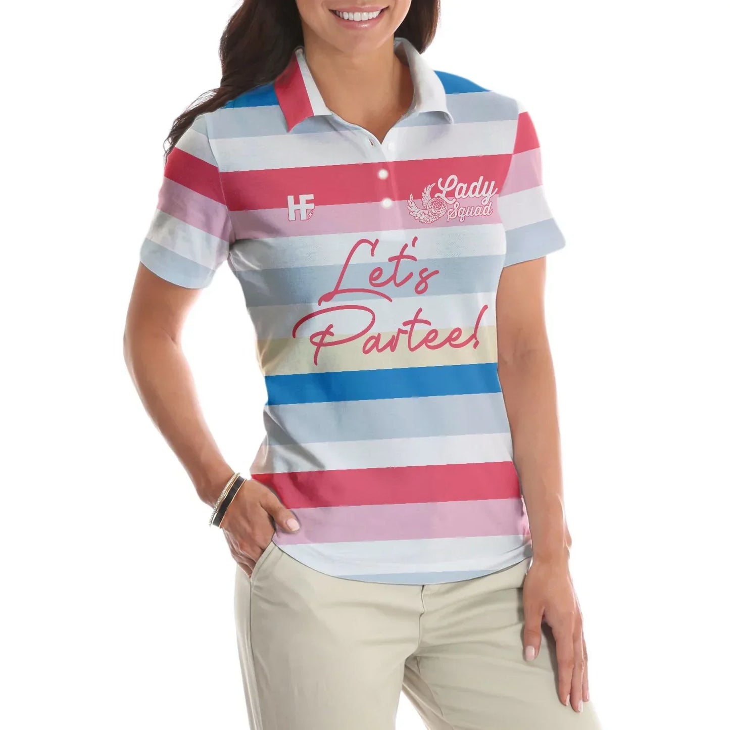 Golf Women Polo Shirt, Let's Partee, Color Horizontal Line Pattern Women Polo Shirts, Unique Female Gift For Golfers, Ladies, Golf Lovers - Amzanimalsgift