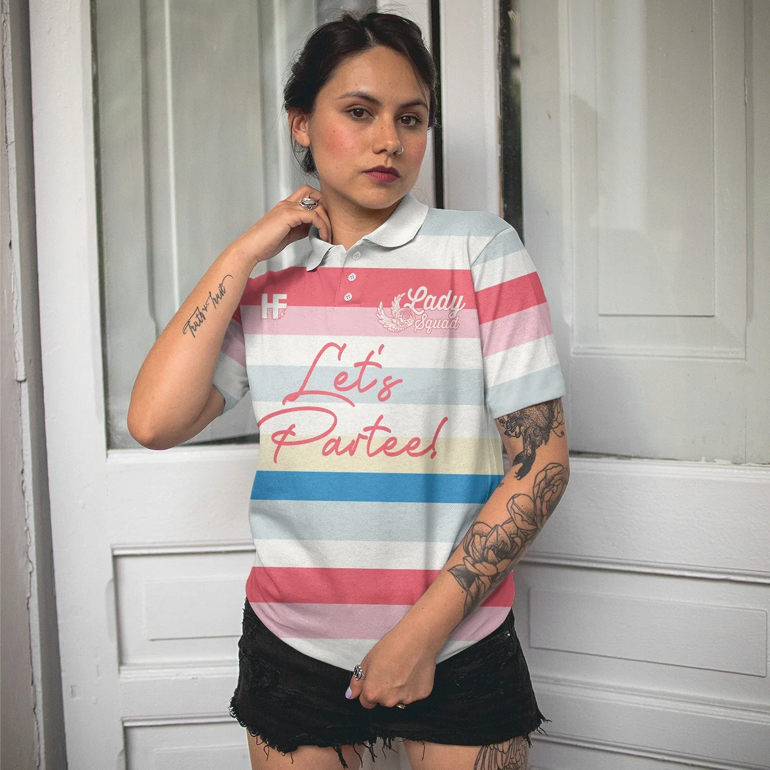 Golf Women Polo Shirt, Let's Partee, Color Horizontal Line Pattern Women Polo Shirts, Unique Female Gift For Golfers, Ladies, Golf Lovers - Amzanimalsgift